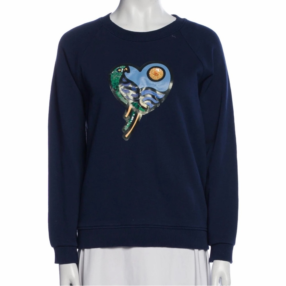 Tory Burch Graphic Heart Print Crewneck Sweatshirt Navy Blue Small